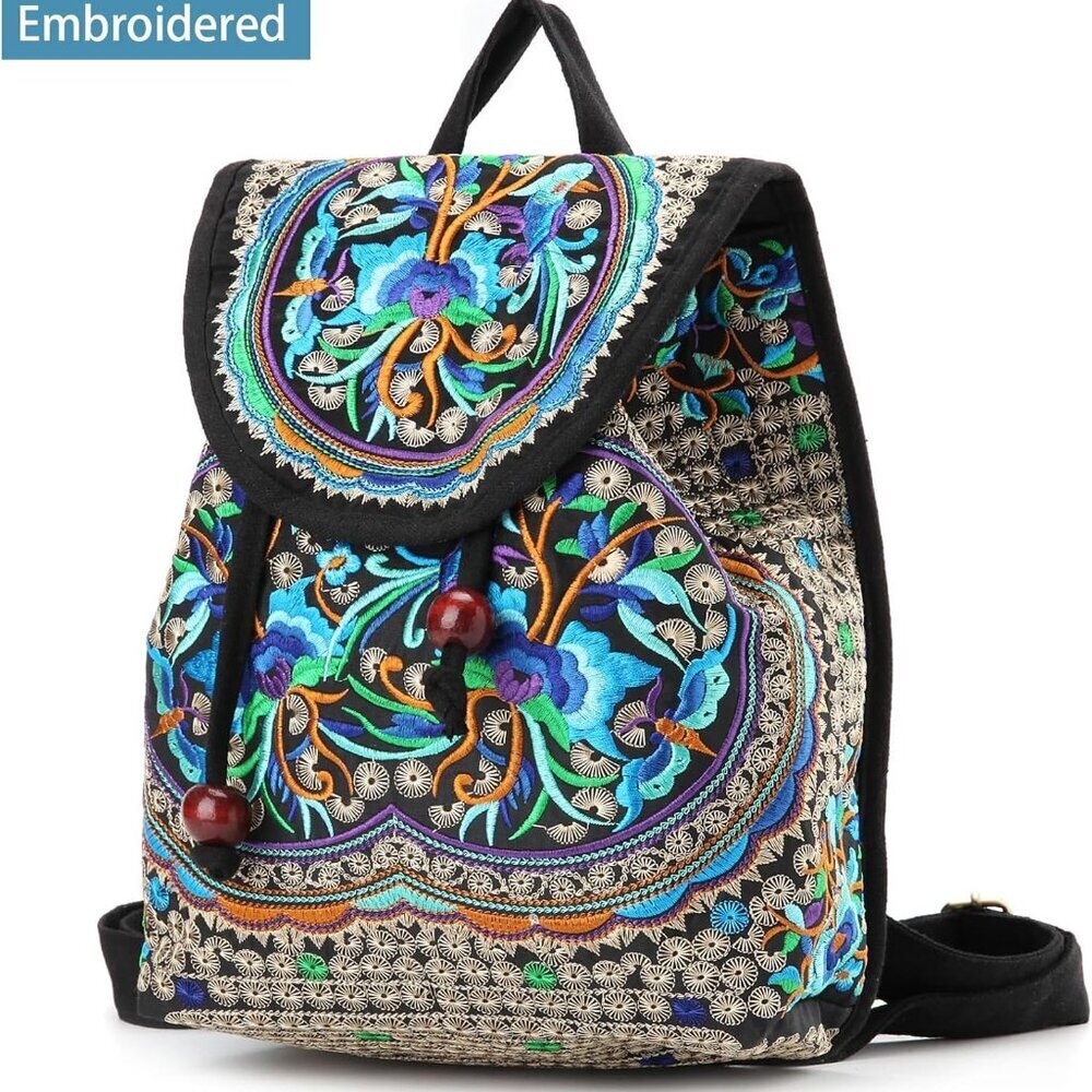 Vintage Embroidered Women Backpack Ethnic Travel Handbag Shoulder Bag, 12x10x5 i - Picture 3 of 7